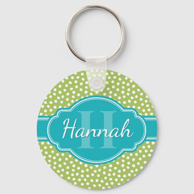Grönt Vit prickad Mönster Teal Monogram Nyckelring (Framsida)
