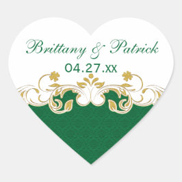 Grönt, Vit, Scrollsar för Guld-bröllop-favoritmärk Hjärtformat Klistermärke