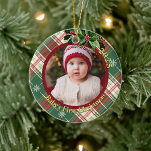 Grönt Vit skal Baby Första julfoto Julgransprydnad Keramik