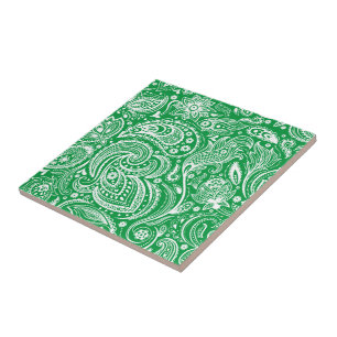 Grönt & vit Vintage Blommigt Paisley Mönster Kakelplatta