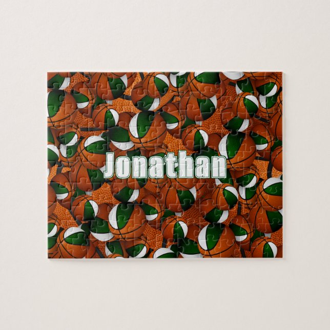 grönt, vita basketpojkflickor färg pussel (Horisontell)