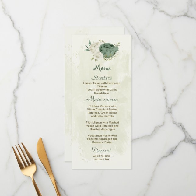 grönt vita blommor botaniska bröllop meny (Fram/Back In Situ)