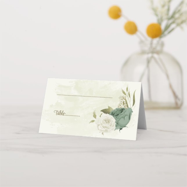 grönt vita blommor botaniska bröllop placeringskort (Framsida)