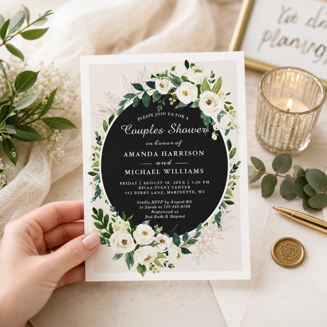 Grönt Vita Blommor Bröllop Par Bröllopsfest Inbjudningar (Skapare uppladdad)