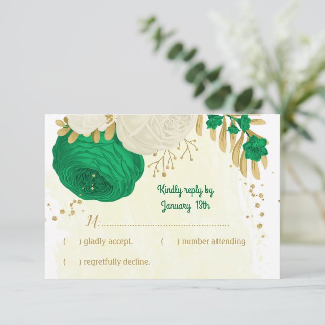 grönt vita blommor guld botaniska bröllop OSA kort (Stående Fram)