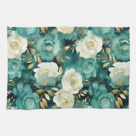 Grönt Vita Guld Ro Blommigten Kökshandduk