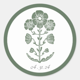 Grönt & Vitt Botaniskt Blocktryck Bröllop Runt Klistermärke