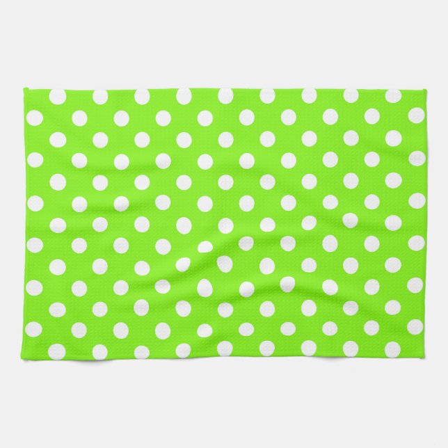 grönt, vitt och grönt polka dots kökshandduk (Horisontell)