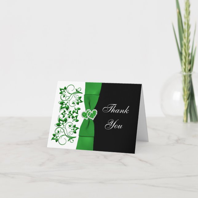Grönt, Vitt, Svart Blommigt Bröllop Tacksamhetskor Tack Kort (Framsida)