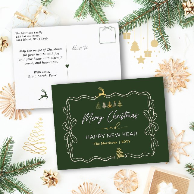 Grönt: Vykort för Helgdag Festive Bow & Träd Doodl (Green: Festive Bow & Tree Doodles Holiday Postcard)