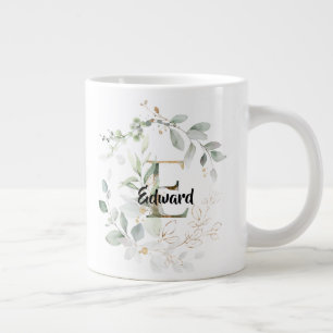 Grönt w Guld Lämnar Monogram Initial 'E' Namn Jumbo Mugg