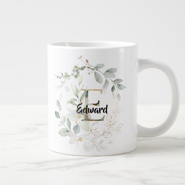 Grönt w Guld Lämnar Monogram Initial 'E' Namn Jumbo Mugg (Höger)