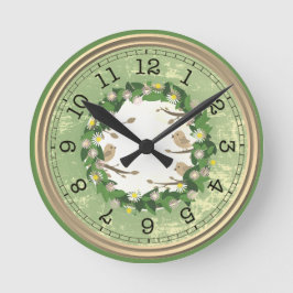 Grönt Wall Clock med fåglar och blommor Rund Klocka