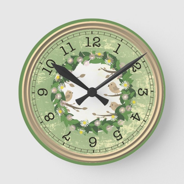 Grönt Wall Clock med fåglar och blommor Rund Klocka (Framsida)