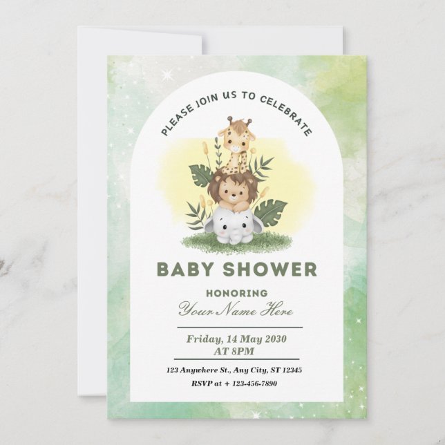 Grönt Watercolor Animals Baby Shower Boy Inbjudningar (Framsida)