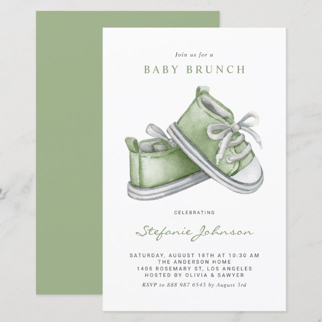 Grönt Watercolor Baby Shoes Baby Brunch-inbjudan (Fram/baksida)