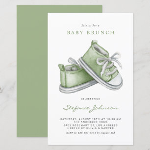 Grönt Watercolor Baby Shoes Baby Brunch-inbjudan