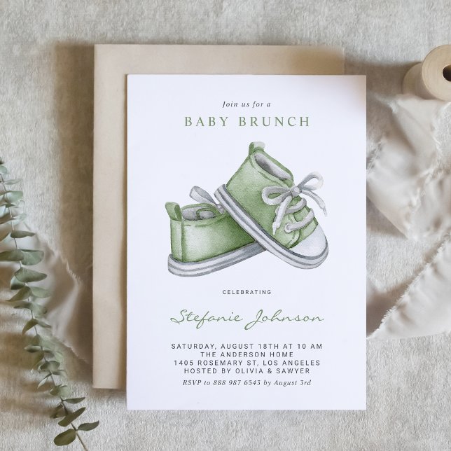 Grönt Watercolor Baby Shoes Baby Brunch Inbjudningar (Skapare uppladdad)