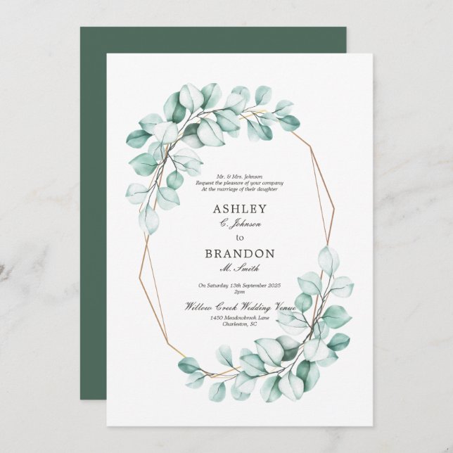 Grönt Watercolor Blommigt Geometric Elegant bröllo Inbjudningar (Fram/baksida)
