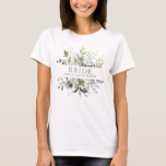 Grönt Watercolor Botanical Monogrammed Bride Namn T Shirt<br><div class="desc">En fantastisk,  modern design för bruden,  med vackra botaniska grönheter i blå,  oliv och vår Grönt. Det botaniska ram omger rubriken "BRIDE" i mitten,  med bridens namn och bröllop nedan. Copyright Elegant Inbjudan,  alla höger reserverade.</div>