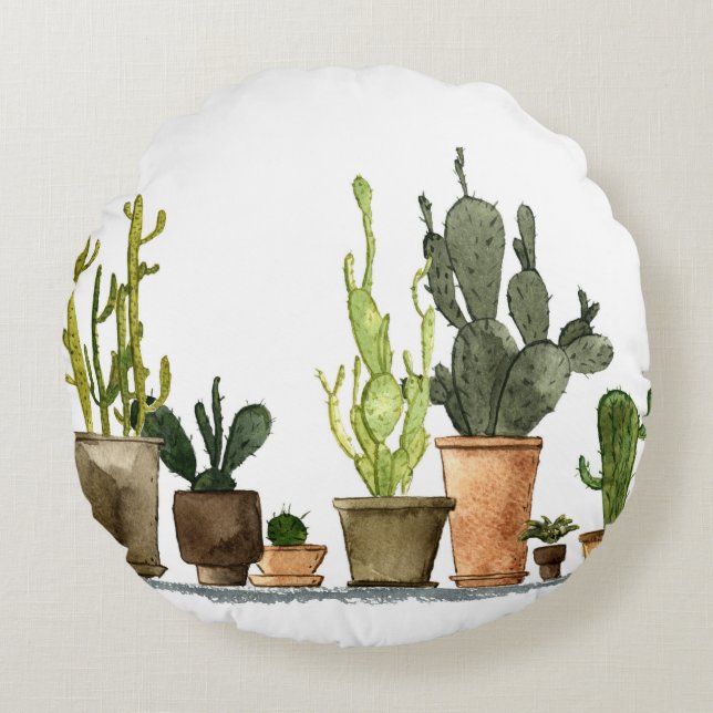 Grönt Watercolor Cacti: Hand plockade Pots Rund Kudde (Framsidan)