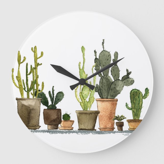 Grönt Watercolor Cacti: Hand plockade Pots Stor Klocka (Framsida)