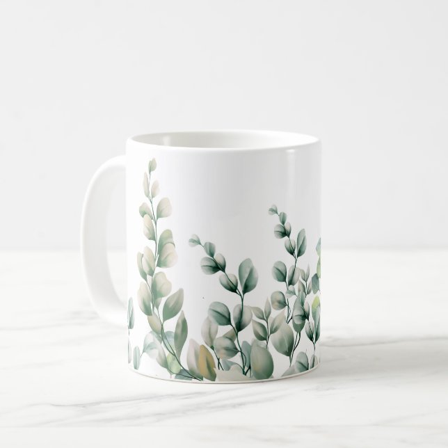 Grönt Watercolor Eucalyptus Löv Kaffemugg (Framsida vänster)