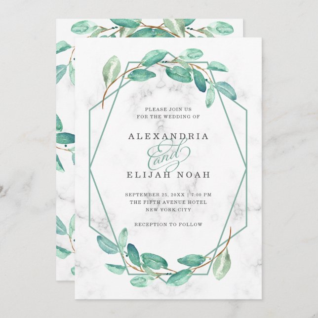 Grönt Watercolor Eucalyptus och Marble | Bröllop Inbjudningar (Fram/baksida)