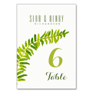 GRÖNT WATERCOLOR FERN FOLIAGE BORD-KORT BORDSNUMMER
