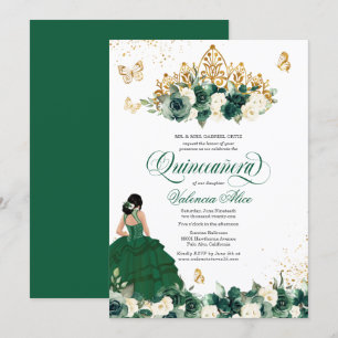 Grönt Watercolor Flowers Butterfly Quinceanera Inbjudningar