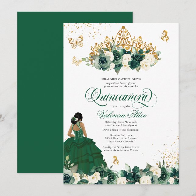 Grönt Watercolor Flowers Butterfly Quinceanera Inbjudningar (Fram/baksida)
