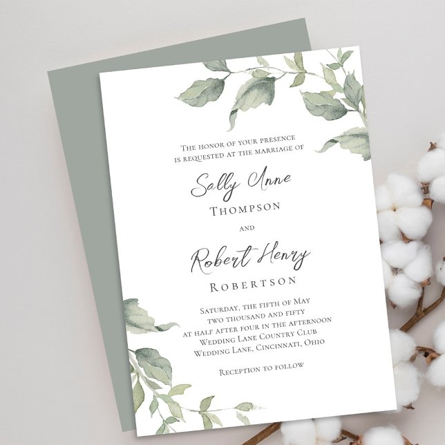 Grönt Watercolor Greenery Bröllop Inbjudningar (Elegant green foliage leaves wedding invitations. )