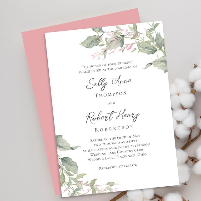 Grönt Watercolor Greenery Bröllop Inbjudningar (Blush pink and grey floral wedding invitations. )