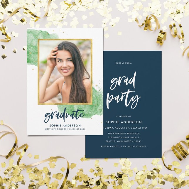 Grönt Watercolor Guld Photo Student Grad Party Inbjudningar (Skapare uppladdad)