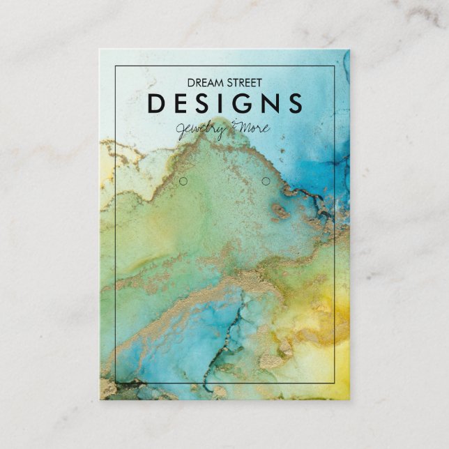 Grönt Watercolor Guld Trendig Earring Visning Card Visitkort (Framsida)