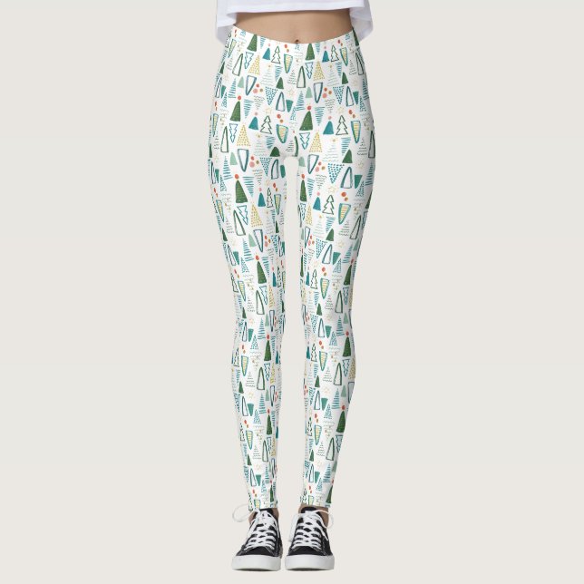 Grönt Watercolor Julgranar Mönster Leggings (Framsida)