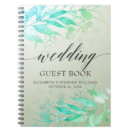 Grönt Watercolor Löv Flowers Bröllop Guestbook Anteckningsbok
