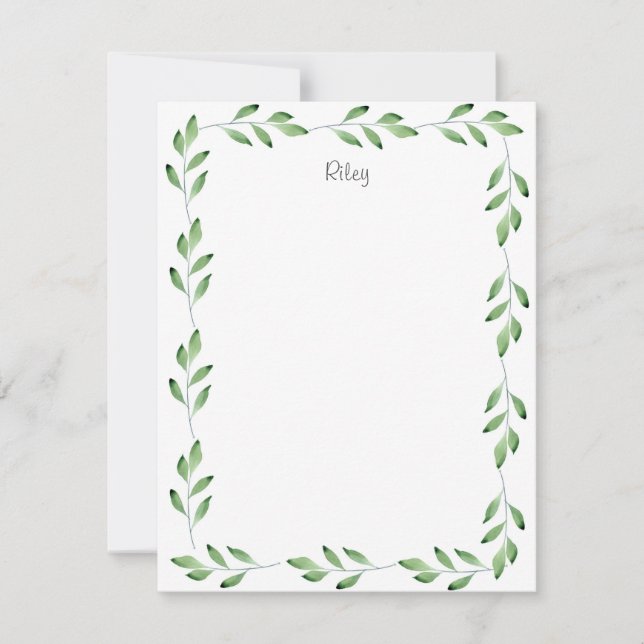 Grönt Watercolor Löv Ram Anteckningskort (Framsida)