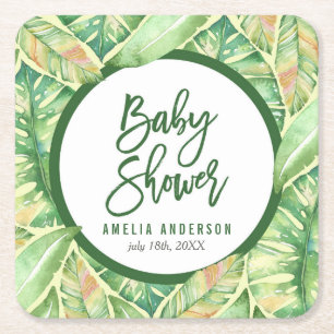 Grönt Watercolor Löv Tropical Baby Shower Underlägg Papper Kvadrat