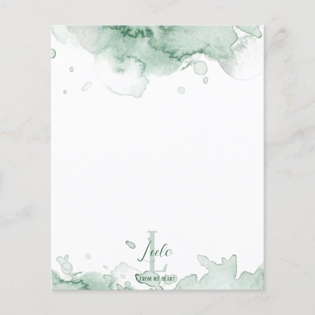 Grönt Watercolor Monogram & Namn Stationery (Framsida)