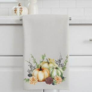 Grönt Watercolor Pumpkin Guld Dots Höst Kökshandduk