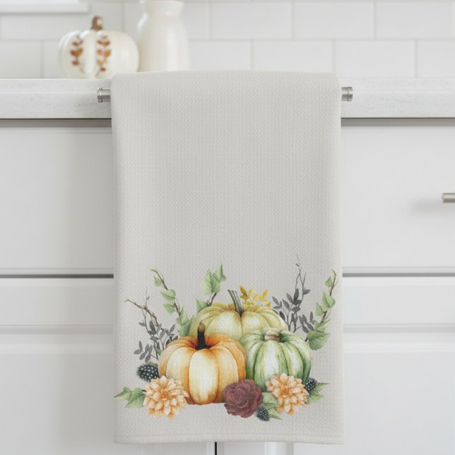 Grönt Watercolor Pumpkin Guld Dots Höst Kökshandduk (Skapare uppladdad)