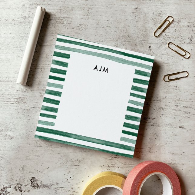 Grönt Watercolor Rand Monogram Post-it Block (Green Watercolor Stripes Monogram Post-it Notes)