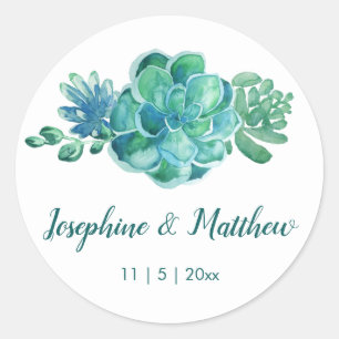 Grönt Watercolor Succulents Wedding Stickers Runt Klistermärke