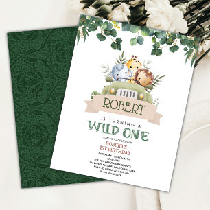 Grönt Watercolor Vild 1 Jungle Safari Birthday Inbjudningar