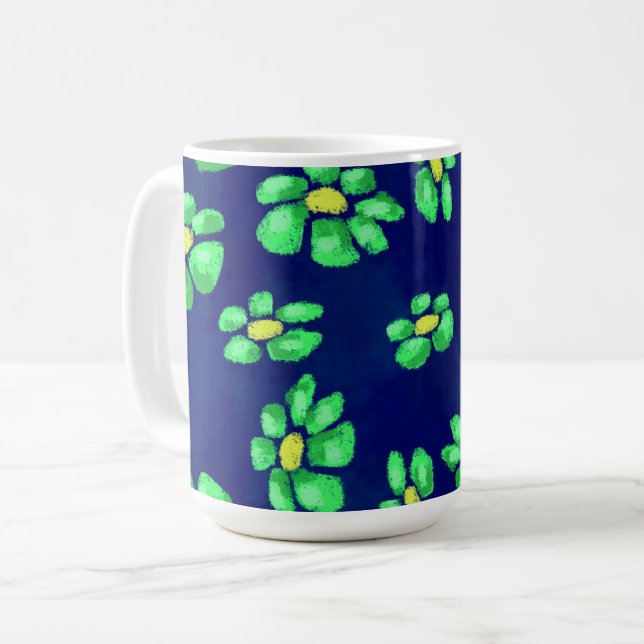 Grönt Whimsical Flowers Daisys on Blue Background Kaffemugg (Framsida vänster)