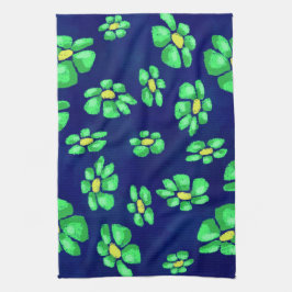 Grönt Whimsical Flowers Daisys on Blue Background Kökshandduk