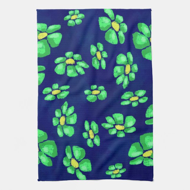Grönt Whimsical Flowers Daisys on Blue Background Kökshandduk (Vertikal)