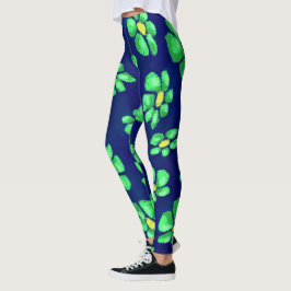 Grönt Whimsical Flowers Daisys on Blue Background Leggings