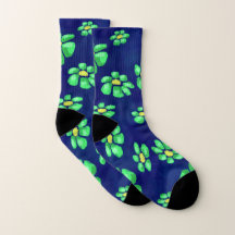Grönt Whimsical Flowers Daisys on Blue Background